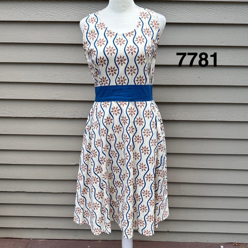 Mata Traders Small Blue Floral Block Print Cotton Sleeveless Pocket Dress India